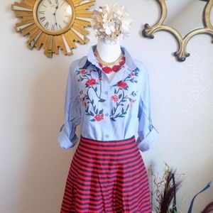 Blue 3/4 Sleeve Embroidered Polo Collar Shirt